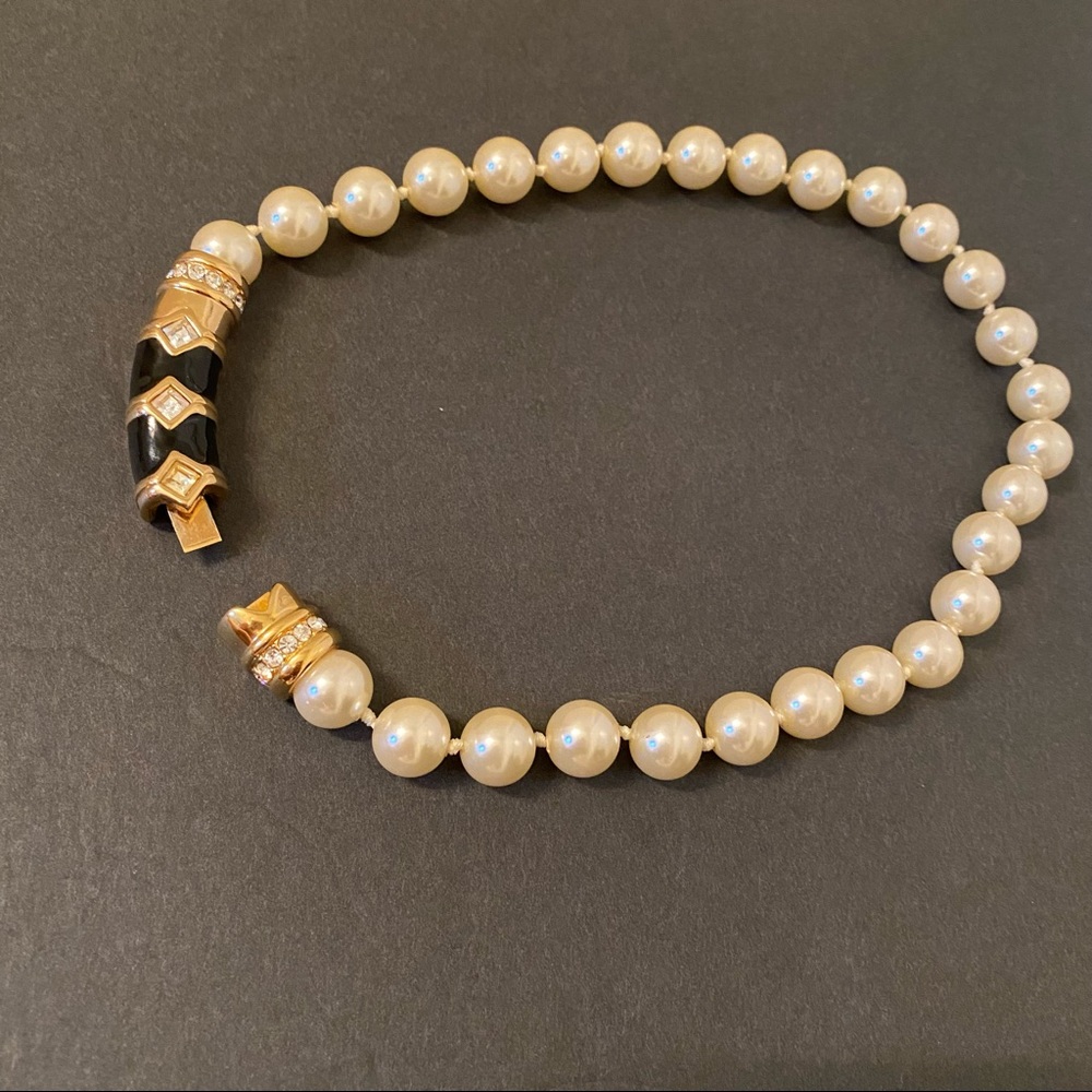 SWAROVSKI NECKLACE CHOKER PEARLS GOLD BLACK ENAMEL CRYSTALS 17” STATEMENT - Picture 8 of 12